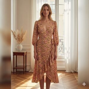 No. 6 Store Pink Yellow Floral V-Neck Noma Silk Wrap Dress Size 1 S